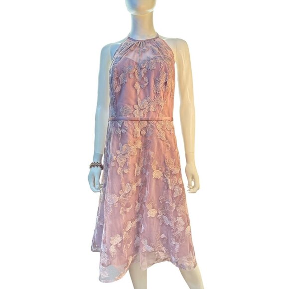Oleg Cassini Lavender Halter Dress with Sheer Embroidered Overlay Sz S NWT - Picture 2 of 9